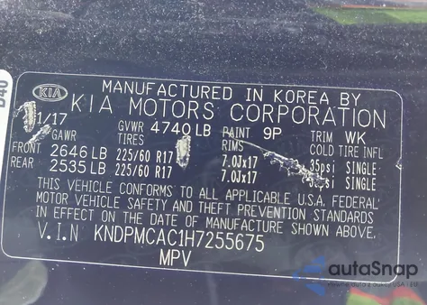 2017 Kia Sportage Lx z USA, uszkodzony, nr VIN KNDPMCAC1H7255675